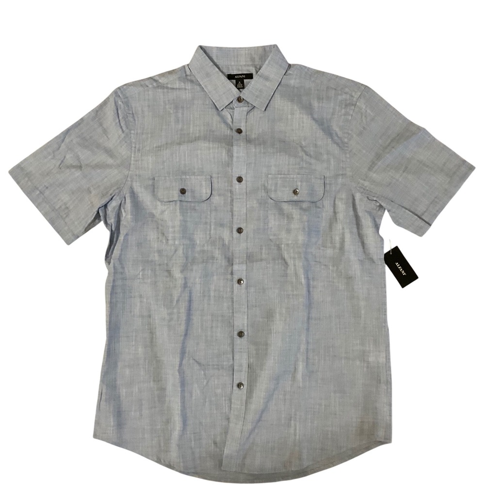 Alfani Button Down Shirt Mens Medium Blue New Short Sleeve Dual Pockets Cotton